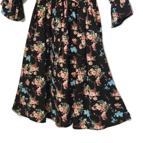 ModCloth Floral Ruffle Mock Neck Front Tie Waist Black Midi Dress Size S - Picture 4 of 16
